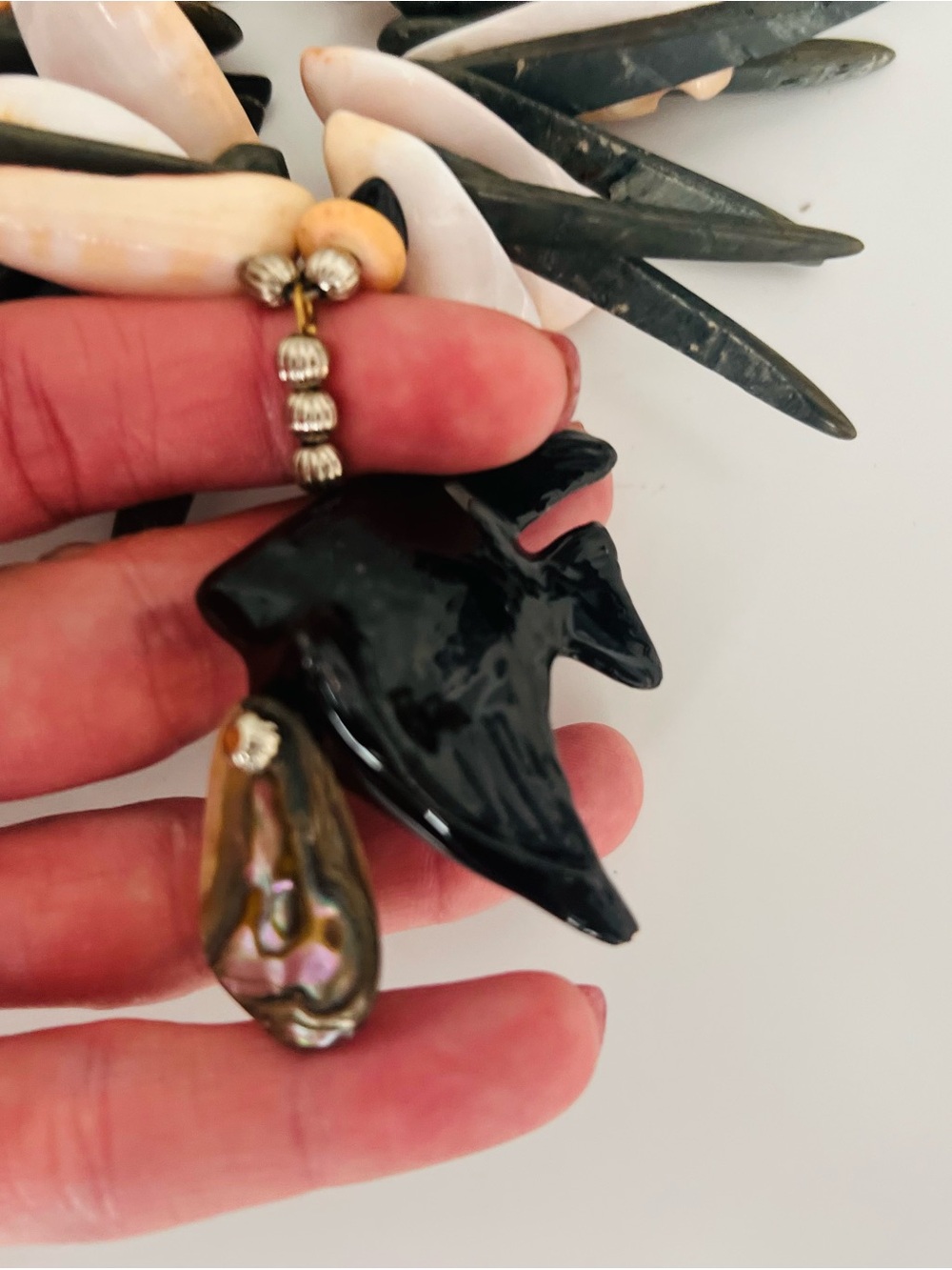 Handcrafted Beach Shell Statement Necklace in Cream, Black and Orange - Picture 8 of 8